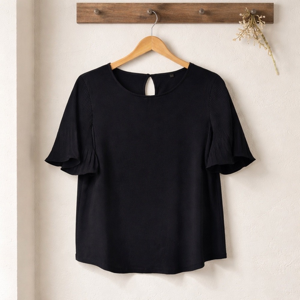 Adrianna Papell Blouse Womens Large Black Excellent Pleated Bell Sleeve Top